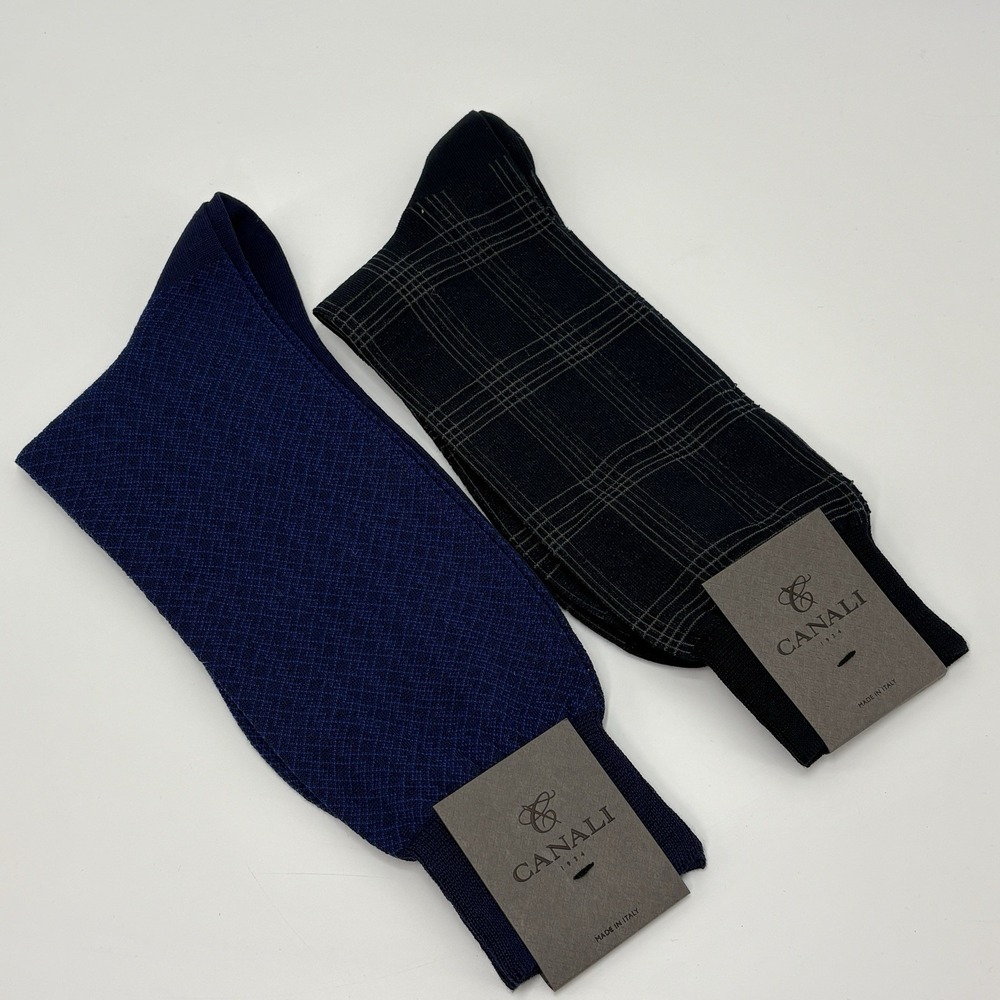 2 NWT Canali Italian Luxury 100% Cotton Dress Socks Blue plaid